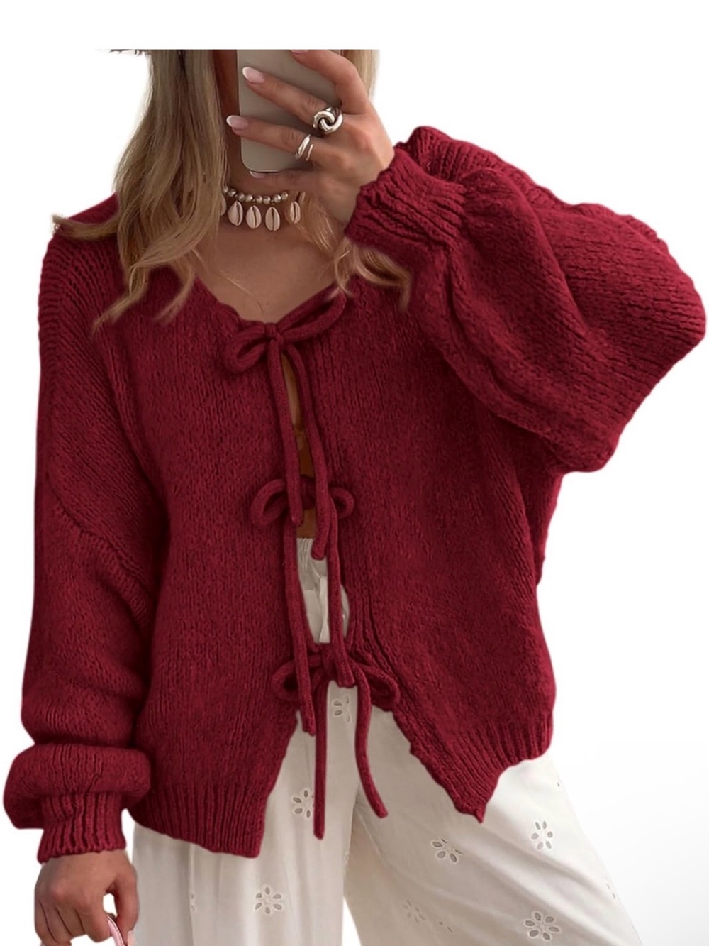 Women's Burgundy Tie-Front Chunky Knit Sweater
